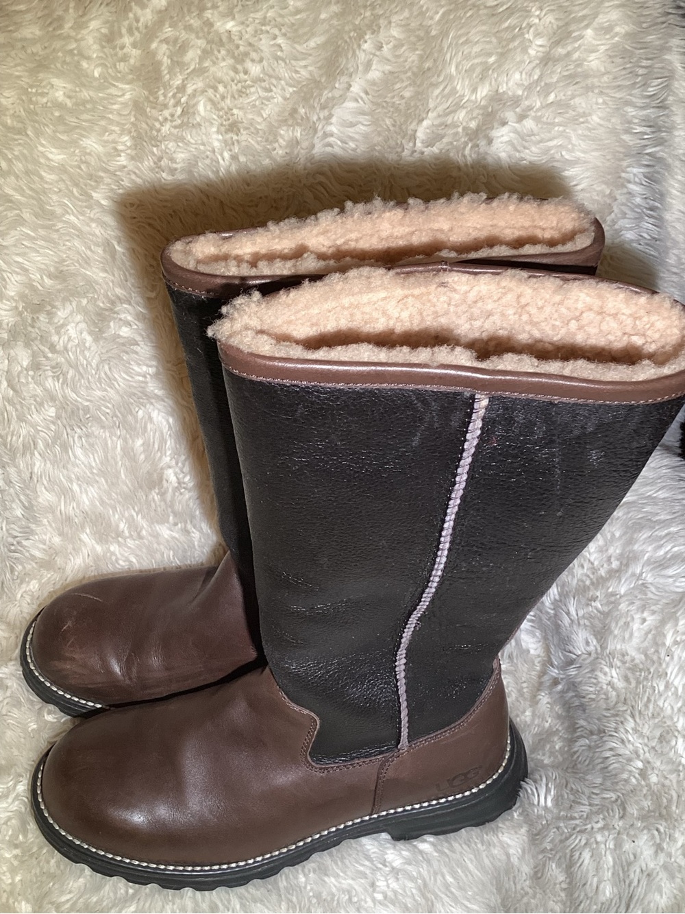 Ugg Women's Tall Brown Leather Winter Boots - Shearling Collar size 9 - Picture 2 of 6